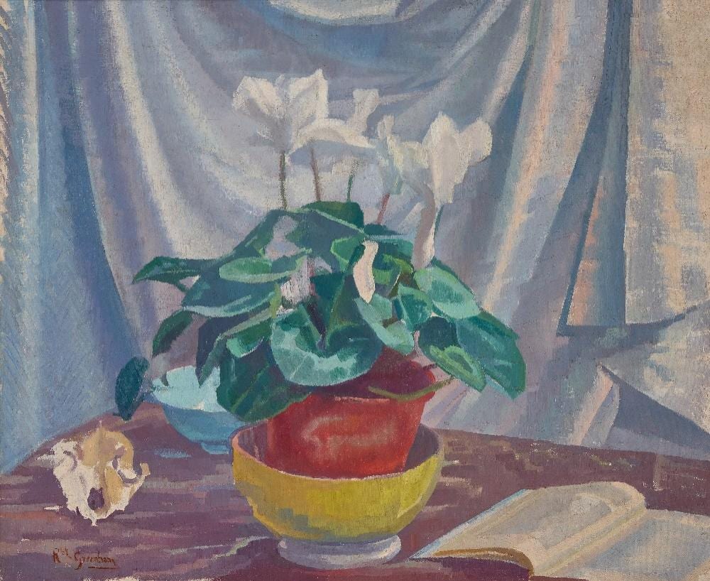 Robert Duckworth Greenham comparable auction result: robert duckworth greenham still life with a potted plant and animal skull