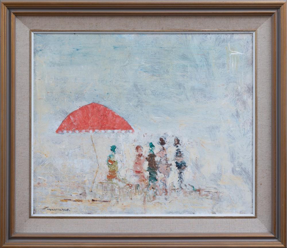 Barry Chamberlain comparable auction result: barry chamberlain 1928 figures on a beach with red umbrella oil on board 49 x 59cm frame size 66 x 76cm