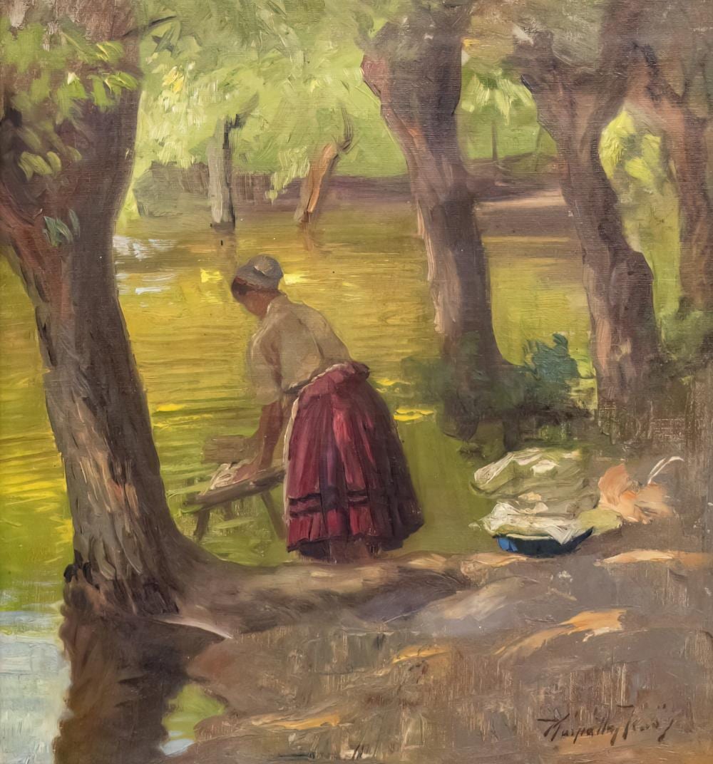 jeno karpathy hungarian 1870 1950 washerwoman in the river oil on canvas · Pasarel · 2025-05-29 Jeno Karpathy comparable auction result: jeno karpathy hungarian 1870 1950 washerwoman in the river oil on canvas