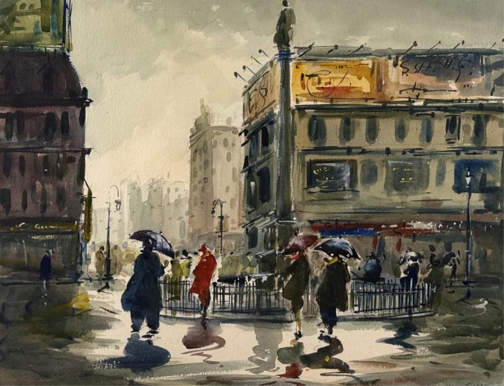 Jerri Ricci comparable auction result: jerri ricci massachusetts new jersey 1916 1995 rainy day columbus circle new york city watercolor on paper 19 5 x 25 5 sight framed 27 x 32 5