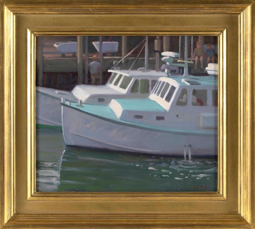 Sam Vokey comparable auction result: sam vokey massachusetts 1963 boat at the pier oil on canvas 12 x 14 framed 17 x 19