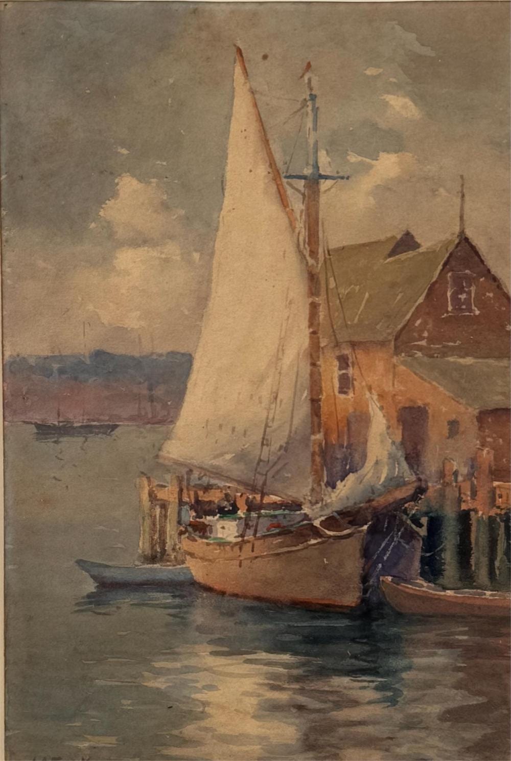 John A. Cook comparable auction result: john alfred cook massachusetts 1870 1936 sailboat at a pier watercolor on paper 11 x 7 25 sight framed 19 x 16