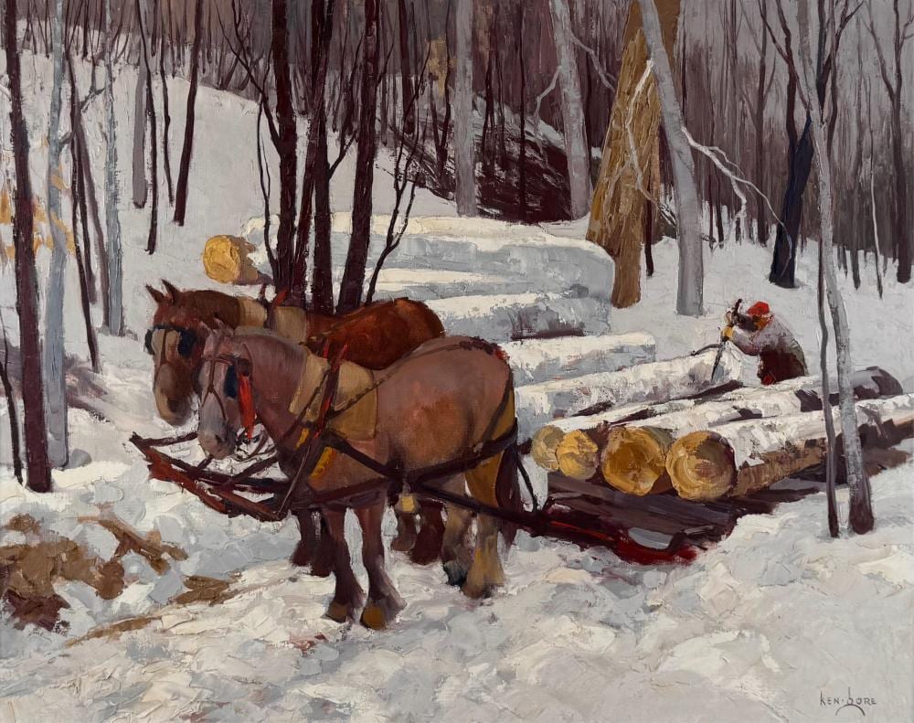 Ken Gore comparable auction result: ken gore massachusetts illinois 1911 1990 logging oil on masonite 24 x 30 framed 31 x 38