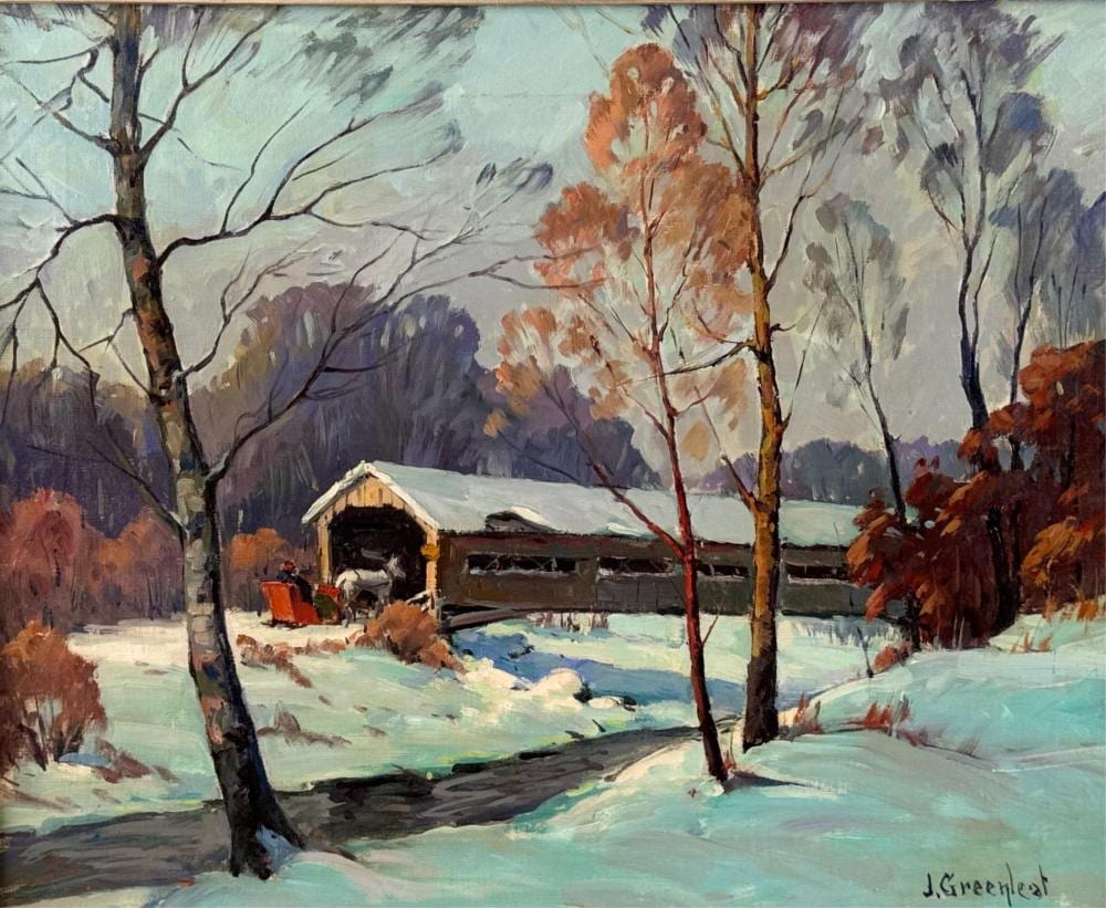 Jacob I. Greenleaf comparable auction result: jacob i greenleaf massachusetts 1887 1968 covered bridge hillsborough nh oil on canvas 16 x 20 framed 20 5 x 24 5
