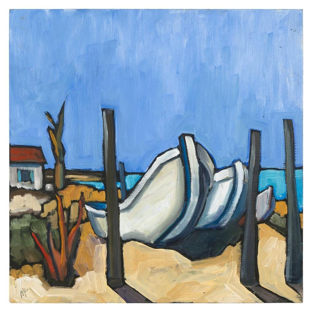 Michael McGuire comparable auction result: michael mcguire massachusetts 1953 beached 3 oil on board 12 x 12 unframed