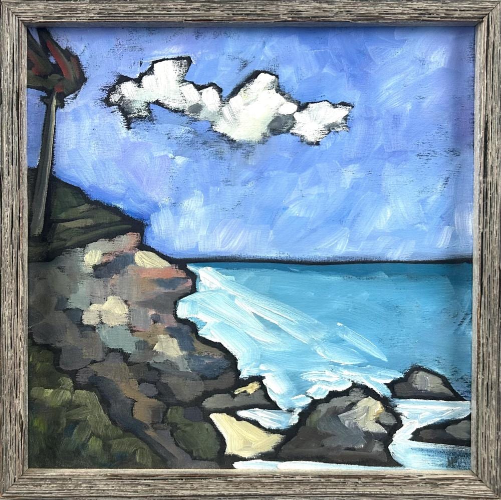 Michael McGuire comparable auction result: michael mcguire massachusetts 1953 palm tree at the top of a coastal cliff oil on canvas 12 x 12 framed 13 x 13