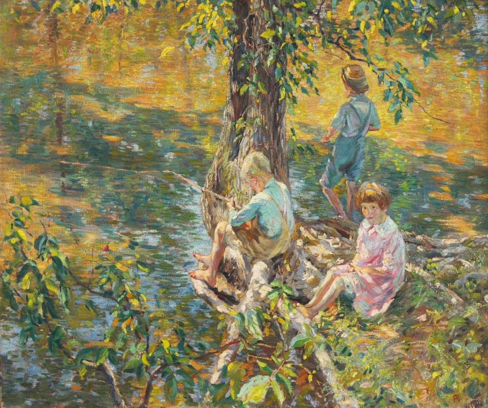 Roy Cleveland Nuse comparable auction result: roy cleveland nuse american 1885 1975 three children fishing c 1920