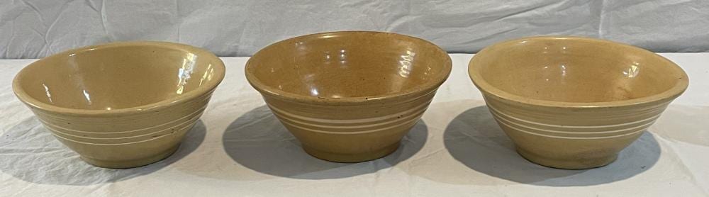 Antique Lot of 3 White Banded Yellowware Bowls sold by One Source Auctions, lot 86 — auction record photograph