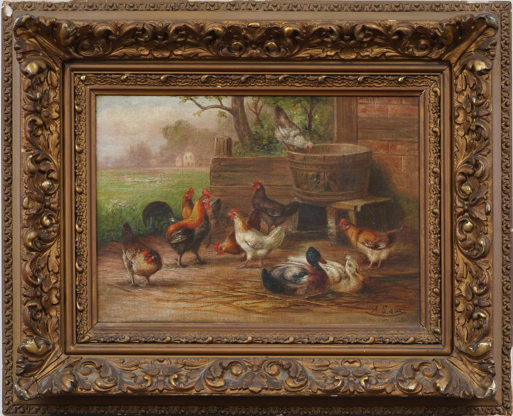 August Laux comparable auction result: august laux 1853 1921 antique american bucolic landscape chickens grazing framed oil painting