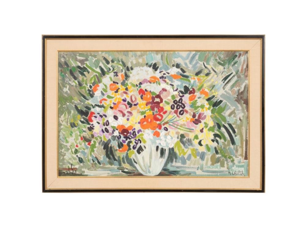 Milia Laufer comparable auction result: milia laufer mid century floral still life oil