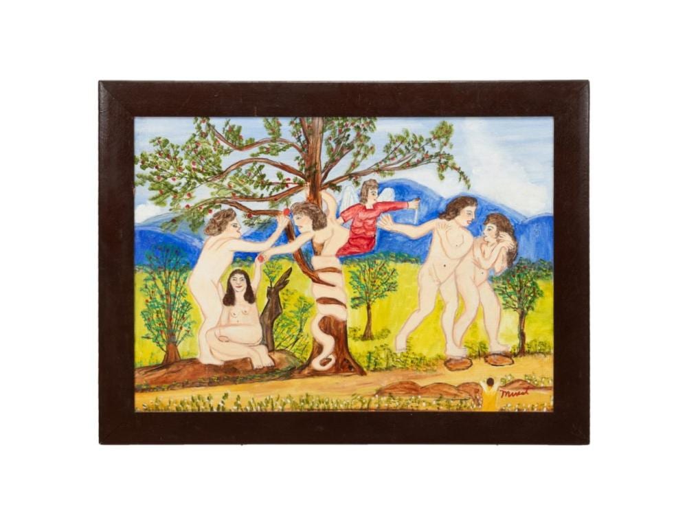 Myrtice West comparable auction result: myrtice west folk art garden of eden oil