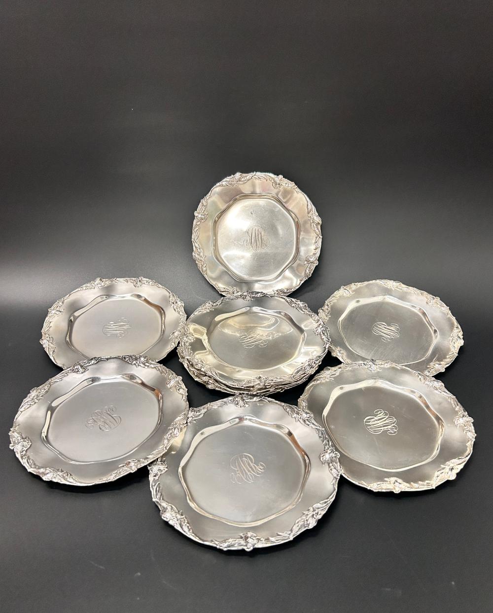 (12) Sterling Bread & Butter Plates Bigelow-Kennard & Co. Art Nouveau sold by Long Lake Art, lot 3 — auction record photograph