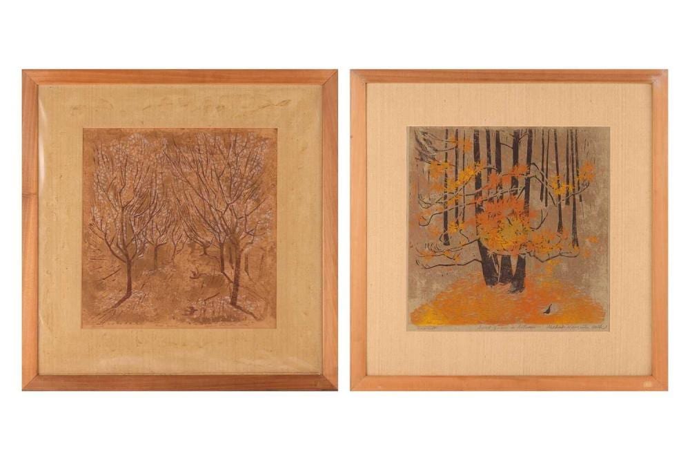 Mildred Wolfe comparable auction result: mildred nungester wolfe american 1912 2009 sweet gum in autumn and peach orchard a pair each signed and titled in pencil linocut image 30 x 30 cm framed 50 x 49 cm