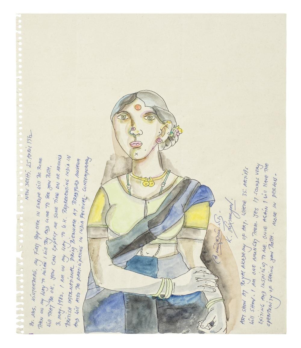 Laxma Goud comparable auction result: laxma goud b 1940 untitled woman with laxma s letter