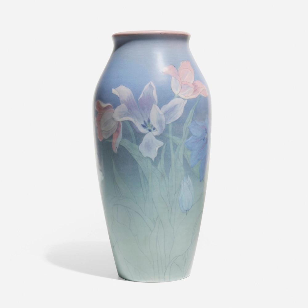 lenore asbury attribution for rookwood pottery large vellum vase lamp base with tulips · Toomey & Co. Auctioneers · 2025-06-03 Lenore Asbury comparable auction result: lenore asbury attribution for rookwood pottery large vellum vase lamp base with tulips