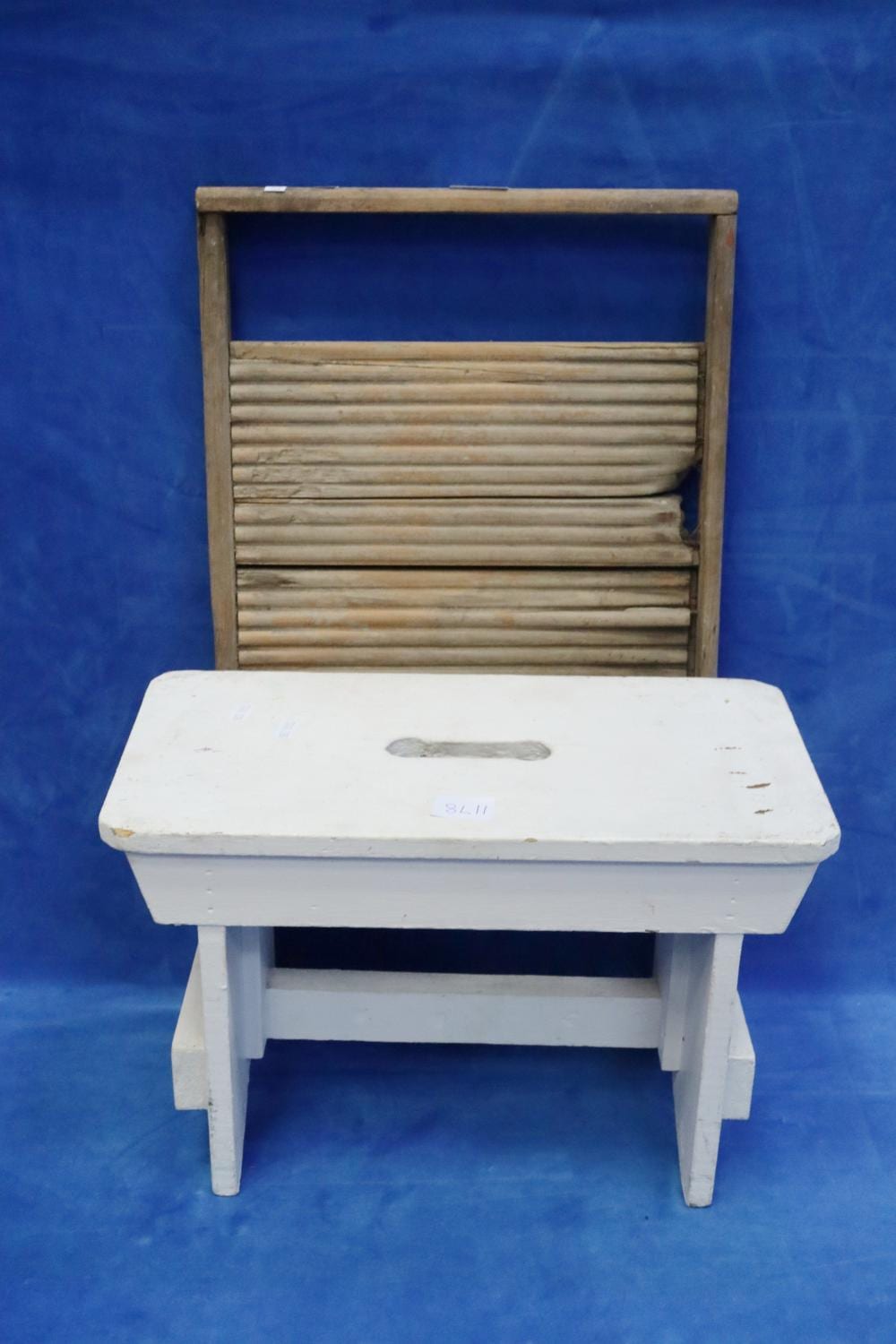 ANTIQUE PINE WASHBOARD, WOODEN STOOL sold by Albion Antique Auction Centre, lot 1178 — auction record photograph
