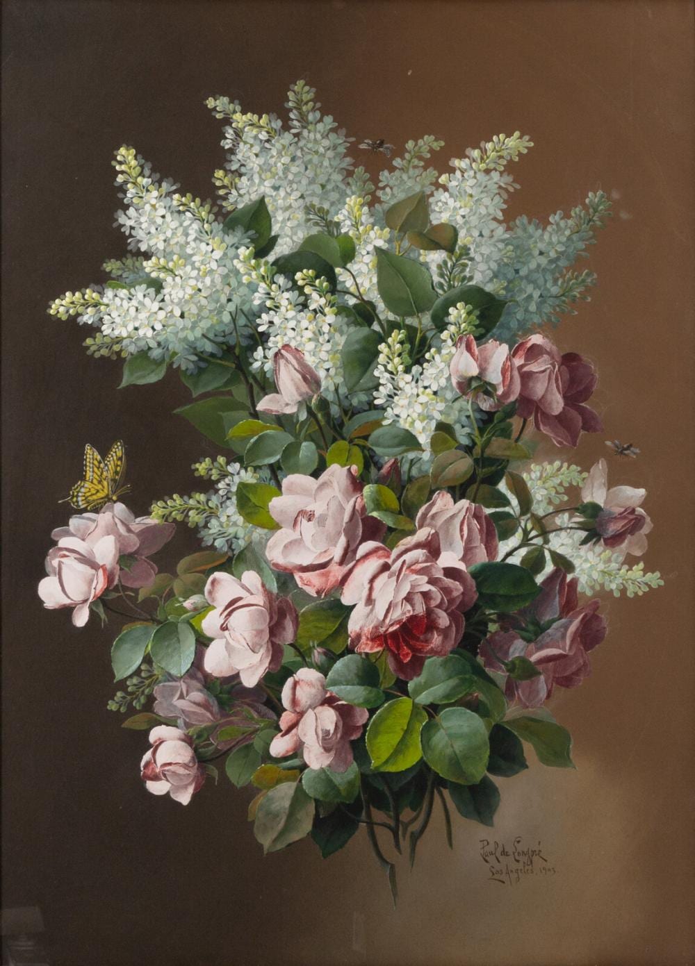 Paul De Longpre comparable auction result: paul de longpr french american 1855 1911 white lilacs and pink roses 1903