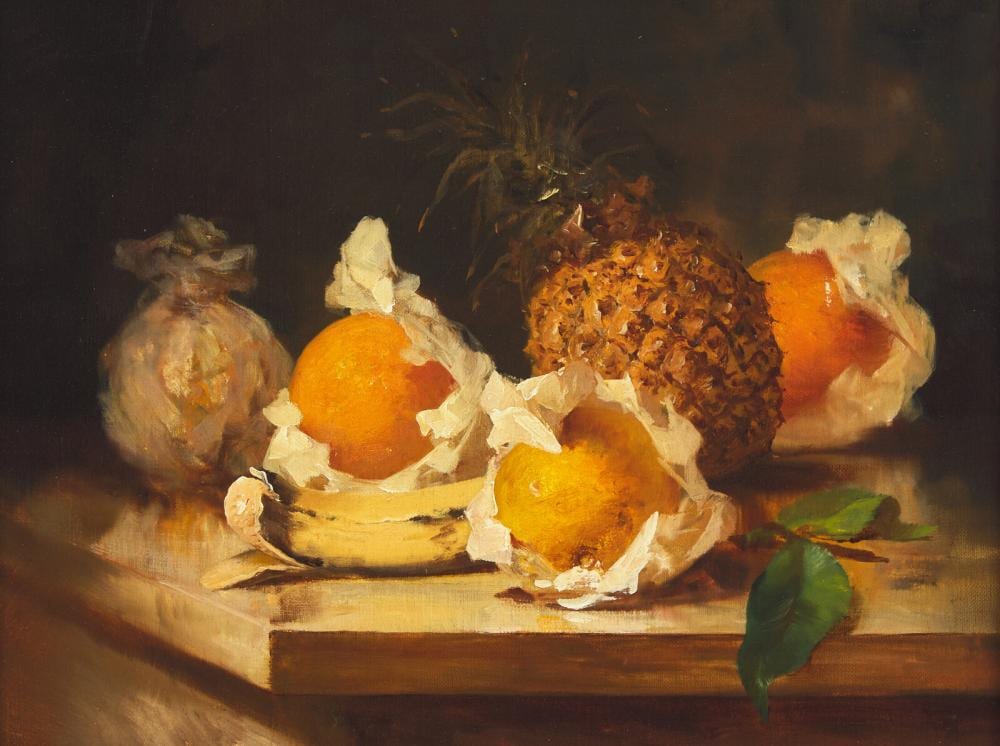 Ben Austrian comparable auction result: ben austrian american 1870 1921 still life with pineapple and wrapped oranges