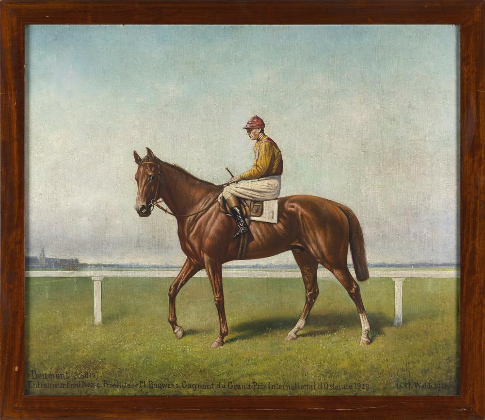 Auction comp thumbnail for L.M. WEBB (Early 20th Century), Portrait of horse and jockey., Oil on unstretched canvas 24" x 28". Framed 26" x 30". (Eldred's, Lot 5241)