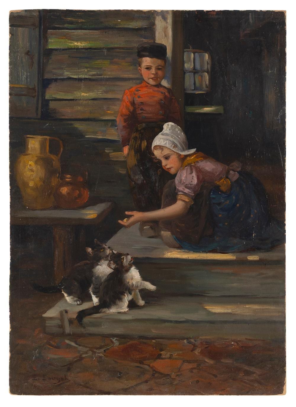 Edmond Louyot comparable auction result: edmond louyot germany 1861 1920 a boy and a girl feeding kittens oil on board 20 25 x 14 5 unframed