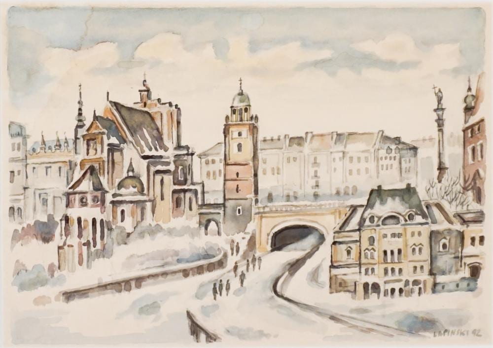Tadeusz Lapinski comparable auction result: tadeusz lapinski polish american 1928 2018 european cityscape watercolor on paper sight size 14 x 20 in 35 6 x 50 8 cm