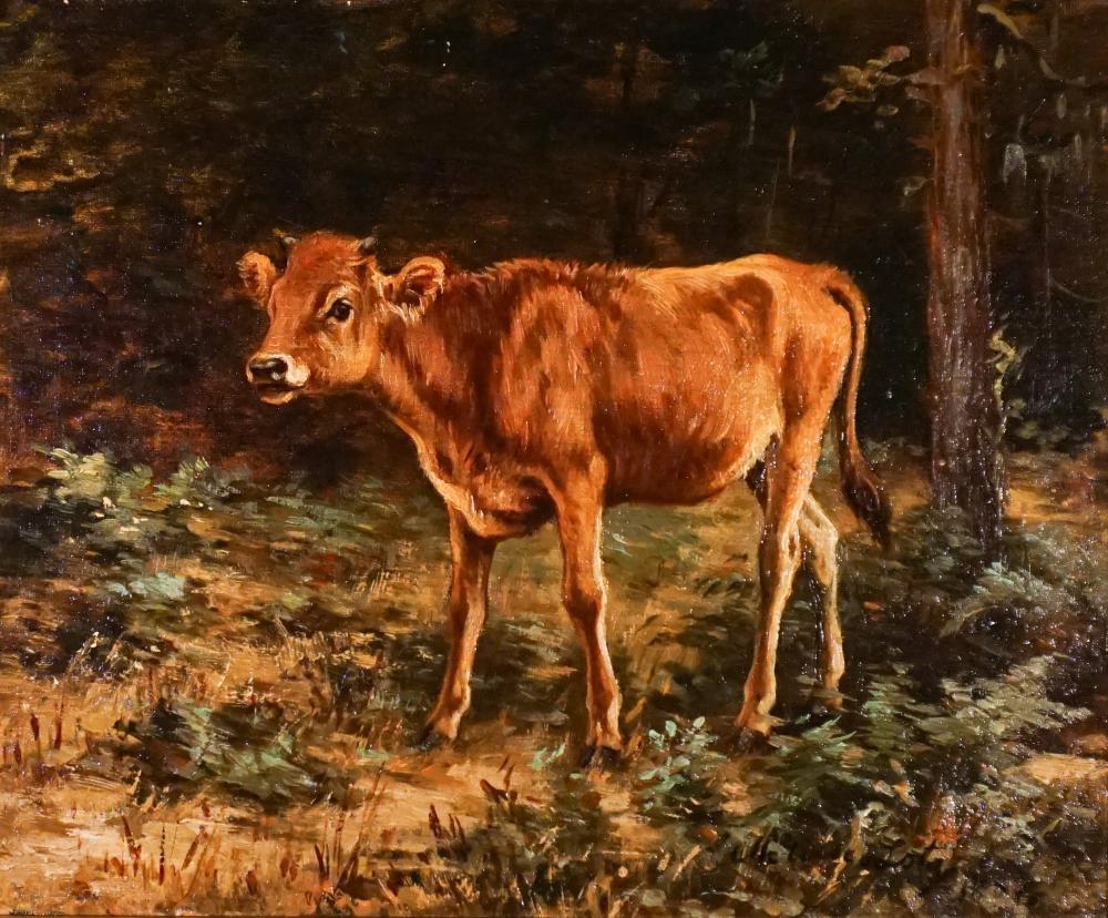 Painted view of a young brown calf standing in a grassy landscape with a dark tree trunk and foliage in the background.
