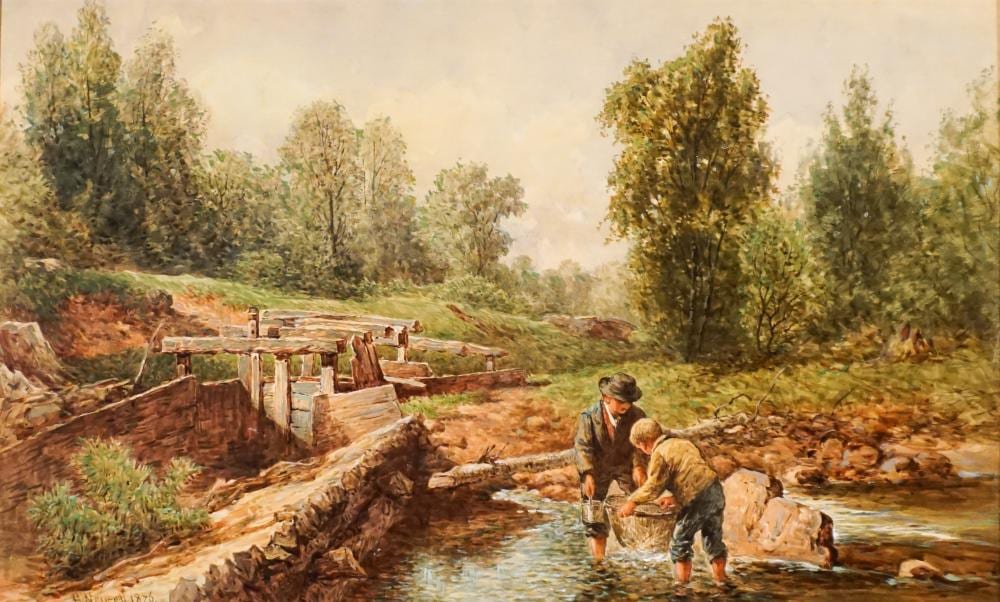 Hugh Newell comparable auction result: hugh newell american 1830 1915 man and boy with fishing net in a stream watercolor and white heightening on paper 14 1 2 x 23 1 2 in 36 8 x 59 7 cm
