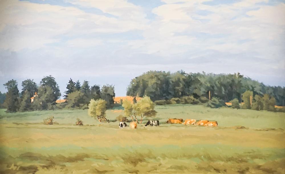Henry Coe comparable auction result: henry coe american b 1946 cold bottom pasture oil on canvas 44 x 72 in 111 8 x 182 9 cm