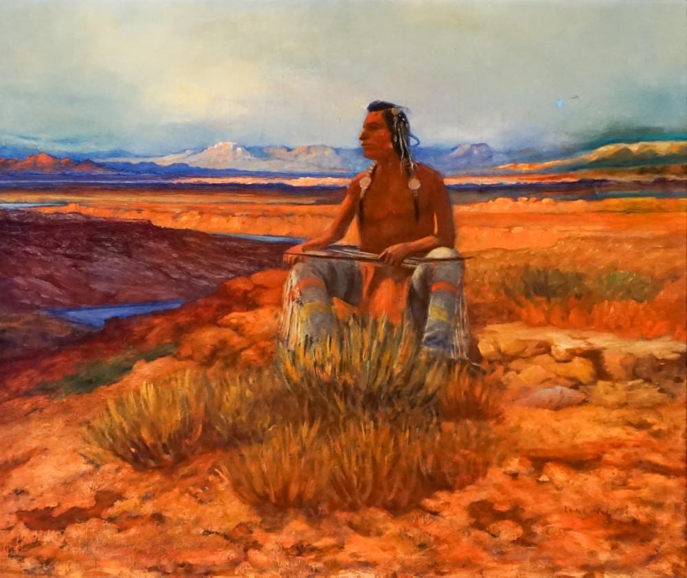 Lone Wolf comparable auction result: lone wolf hart merriam schultz american 1882 1970 seated native american in a landscape oil on canvas 20 x 24 in 50 8 x 61 cm