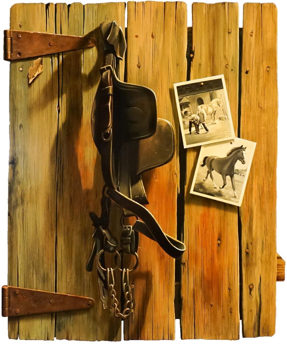 ernest albert land american 1918 2006 trompe l oeil stable door oil on panel 37 x 29 1 2 in 94 x 74 9 cm · Weschler's · 2025-06-06 Ernest Albert Land comparable auction result: ernest albert land american 1918 2006 trompe l oeil stable door oil on panel 37 x 29 1 2 in 94 x 74 9 cm