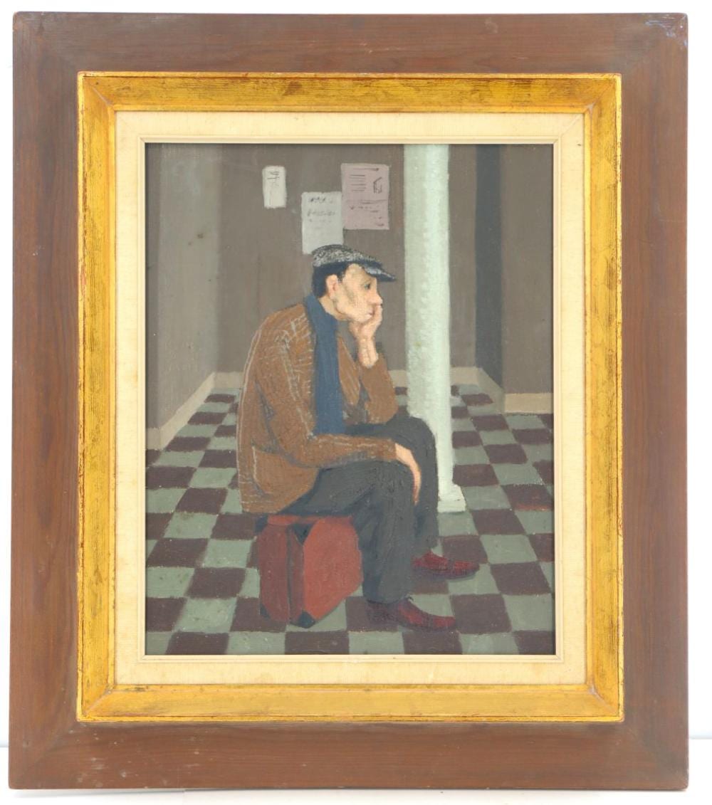 gabriel dauchot 1927 2005 french oil on canvas portrait of a man waiting for a train · Sarasota Estate Auction · 2025-06-08 Gabriel Dauchot comparable auction result: gabriel dauchot 1927 2005 french oil on canvas portrait of a man waiting for a train