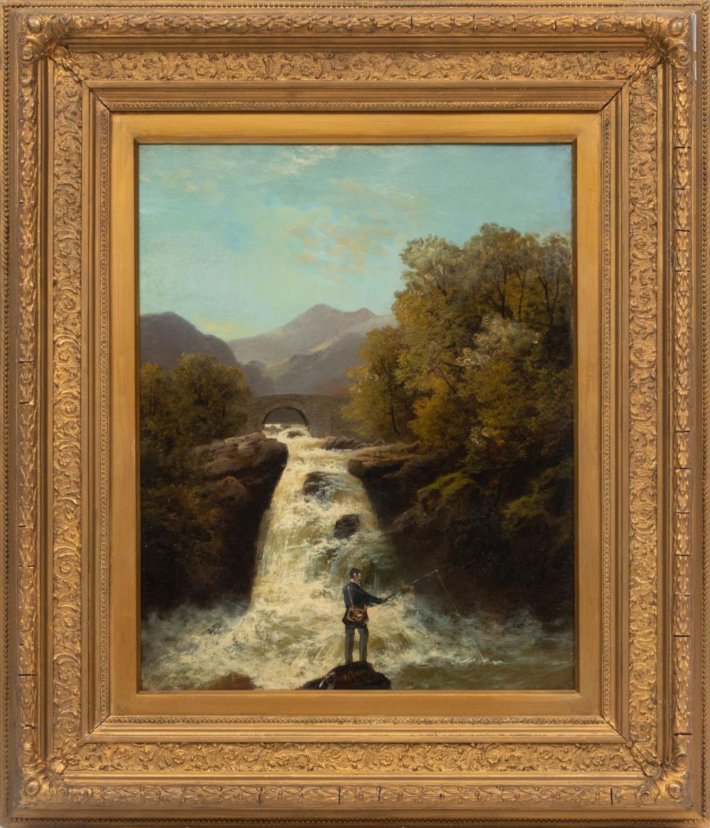 Francis Sydney Muschamp comparable auction result: francis sydney muschamp british 1851 1929 oil on canvas 1881 fisherman on rock near waterfall h 21 w 17