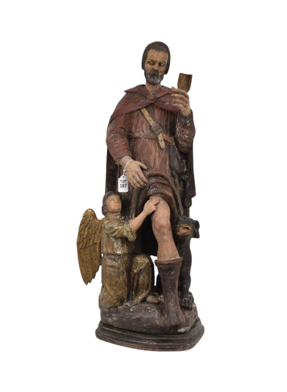 Continental Carved Wood Statue of Saint Roch, c. 19th Century - Continental, French/Italian. Wood, polychrome sold by Bill Hood & Sons Arts & Antiques Auctions, lot 187 — auction record photograph