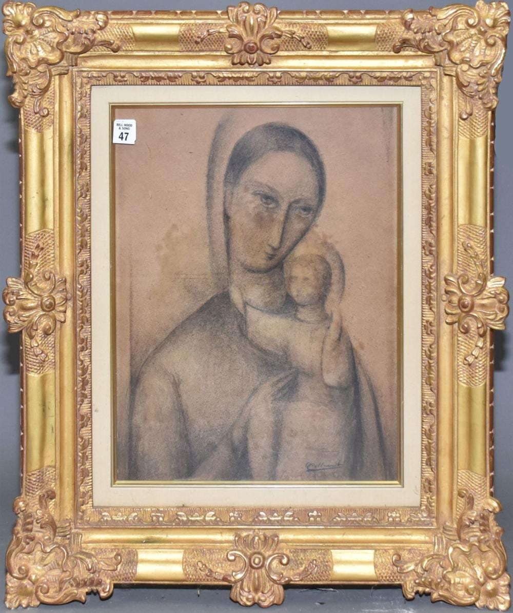Oscar Colbrandt comparable auction result: oscar colbrandt belgian 1879 1959 pencil charcoal drawing madonna and christ child signed size 17 x 13 inches overall in gilt carved frame 26 x 23 inches 60 x 37 cm