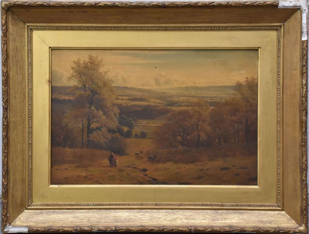 Henry Cheadle comparable auction result: henry cheadle 1852 1910 oil on canvas landscape with villagers painting 14 x 21 inches overall framed size 23 x 30 inches small damage on painting and frame has damages