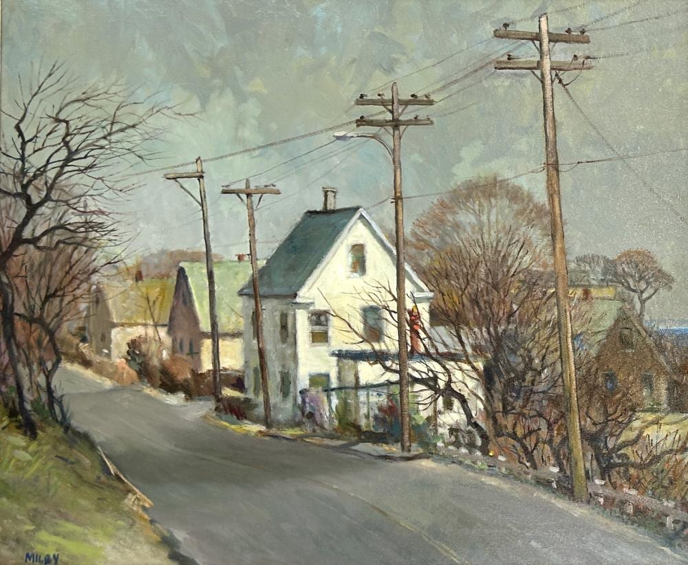 Frank Milby comparable auction result: frank milby 1933 2023 bradford street oil on canvas 20 x 24 25 1 4 x 29 framed