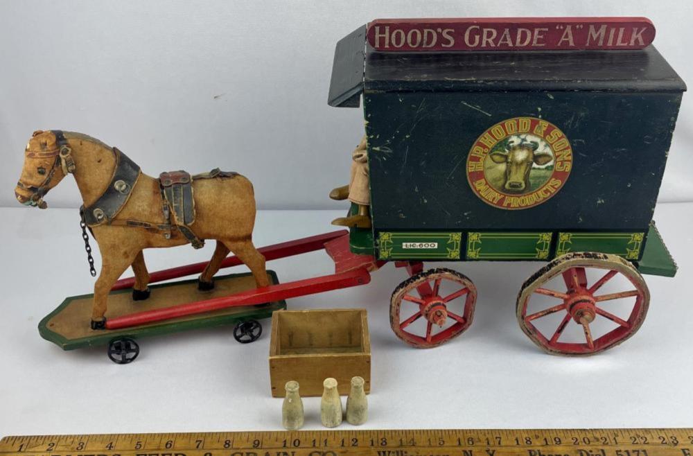 RARE Vintage 1933 Schoenhut Hood's Grade A Milk Wagon w/ Horse, Driver and Crate with 3 Milk Bottles sold by One Source Auctions, lot 190 — auction record photograph