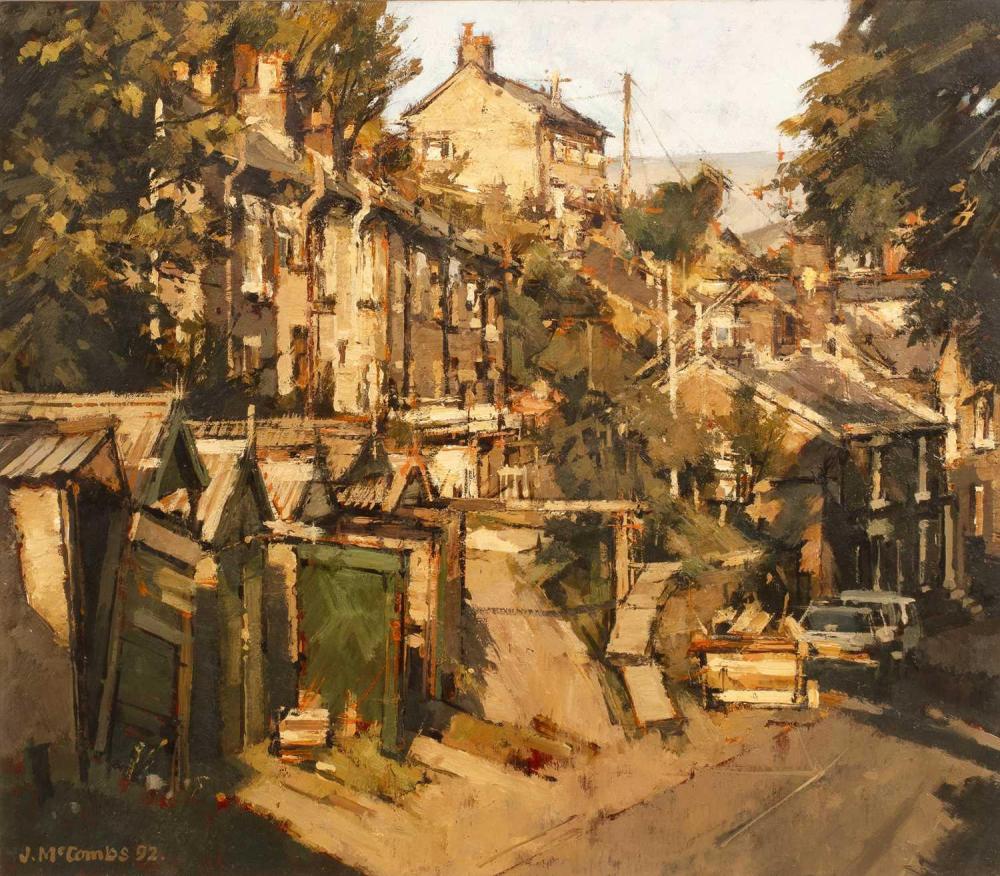 John McCombs comparable auction result: john mccombs 1943 2025 daisy terrace stoneswood delph 1992 signed and dated lower left titled to reverse oil on board 36 x 41cm