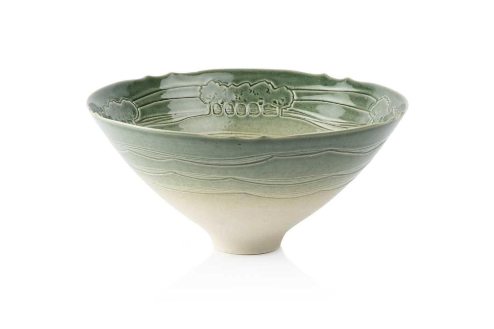 Peter Lane comparable auction result: peter lane b 1932 bowl with green rim decorated with a wooden landscape incised signature to the base 12cm high 24cm diameter
