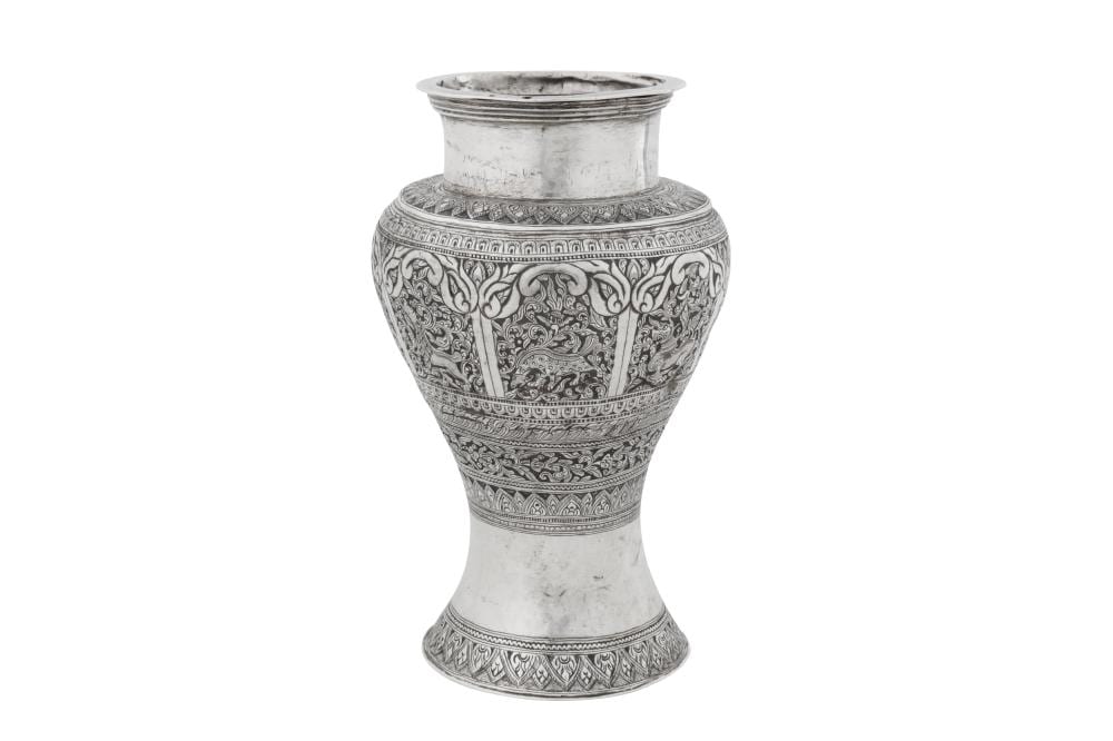 A late 19th / early 20th century Burmese silver vase, Shan States circa 1900 sold by Chiswick Auctions, lot 179 — auction record photograph