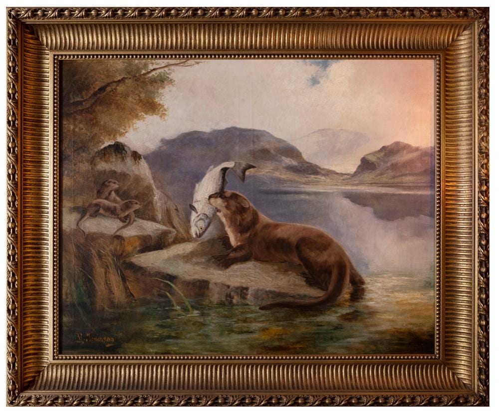 Robert Cleminson comparable auction result: robert cleminson 1864 1903 otter catching salmon with her pups oil on canvas 91 5 x 71cm signed