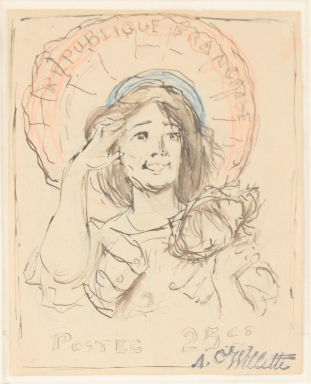 adolphe willette french 1857 1926 study for 25 centimes postage stamp black ink over black red and blue wash · Nye & Company · 2025-06-12 Adolphe Willette comparable auction result: adolphe willette french 1857 1926 study for 25 centimes postage stamp black ink over black red and blue wash