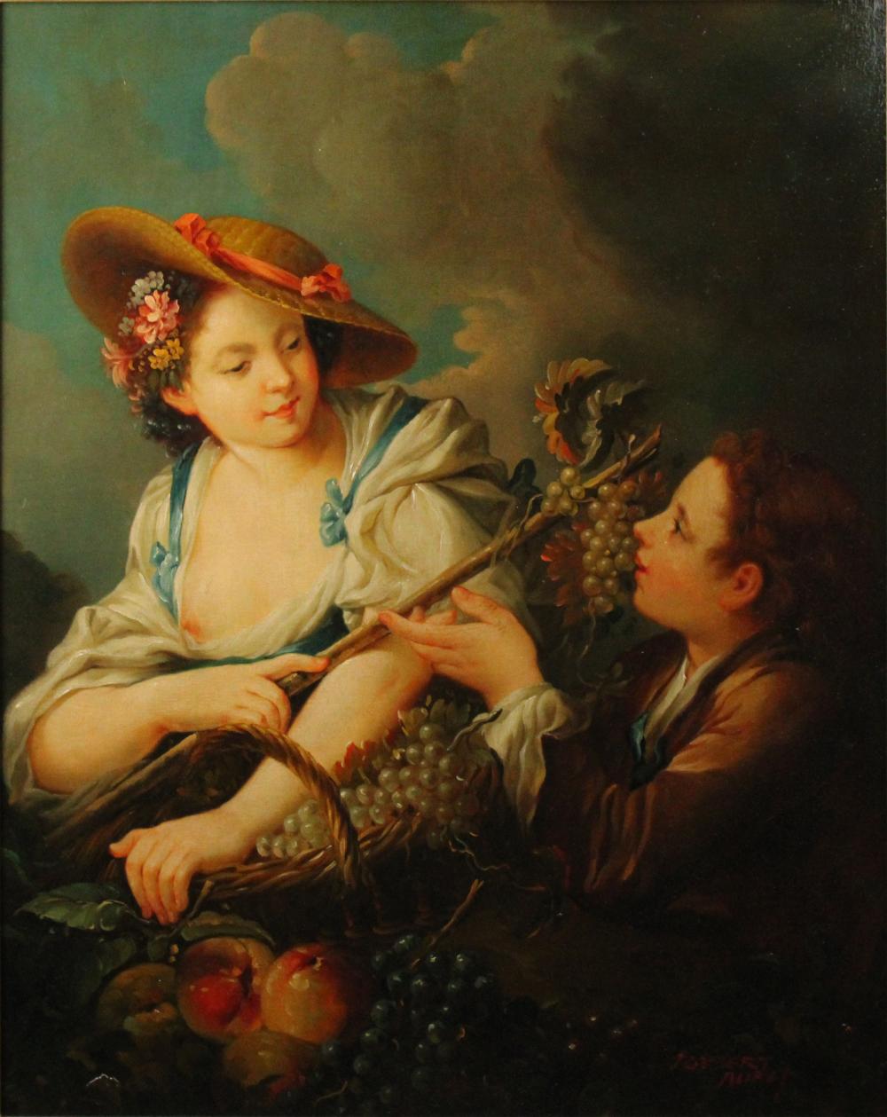 Robert Adam comparable auction result: robert adam lady and boy carrying fruit oil on canvas