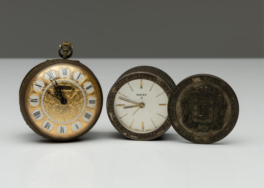 A Swiza paperweight desk clock (Dia:5.5cm) together with Ernest Borel gilt pocket watch (Dia:6.5cm) (both untested) sold by Lawsons, lot 375 — auction record photograph
