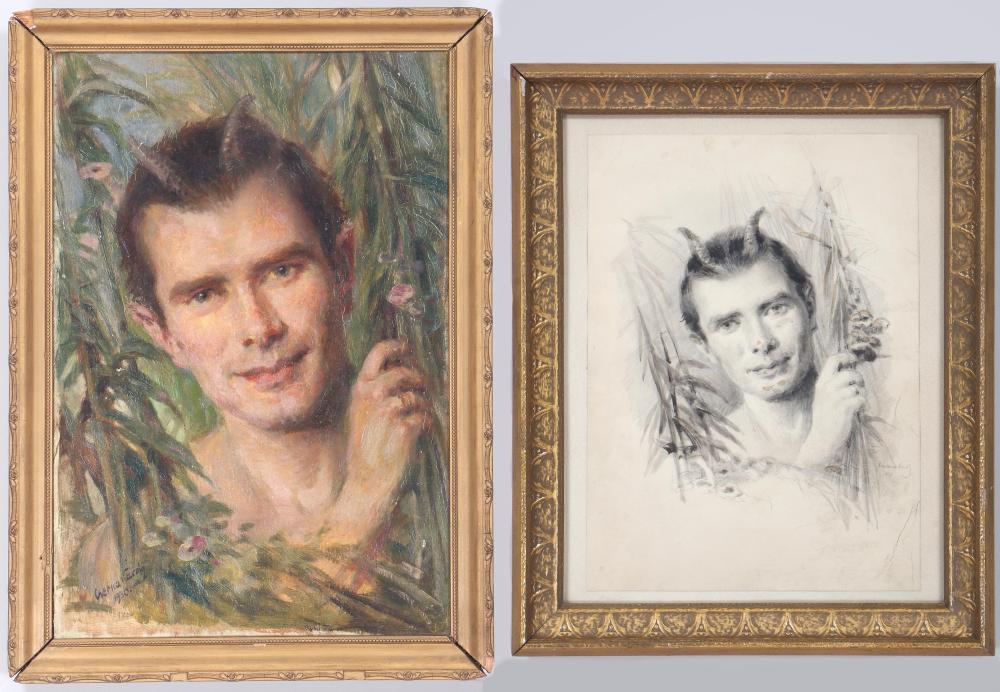 k roly cserna hungarian 1867 1944 portrait of a man as faun 1930 oil on panel along with study drawing · South Bay Auctions Inc · 2025-06-18 Károly Cserna comparable auction result: k roly cserna hungarian 1867 1944 portrait of a man as faun 1930 oil on panel along with study drawing