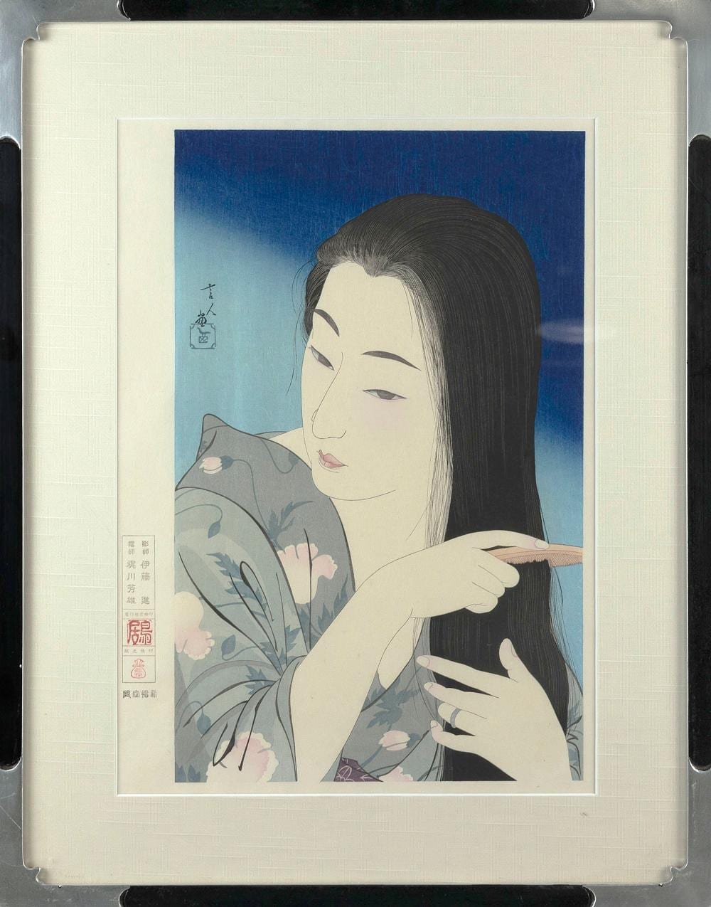 Torii Kotondo comparable auction result: torii kotondo japan 1900 1976 combing her hair kamisuki woodblock print dai oban tate e 16 5 x 11 5 sight framed 23 x 18