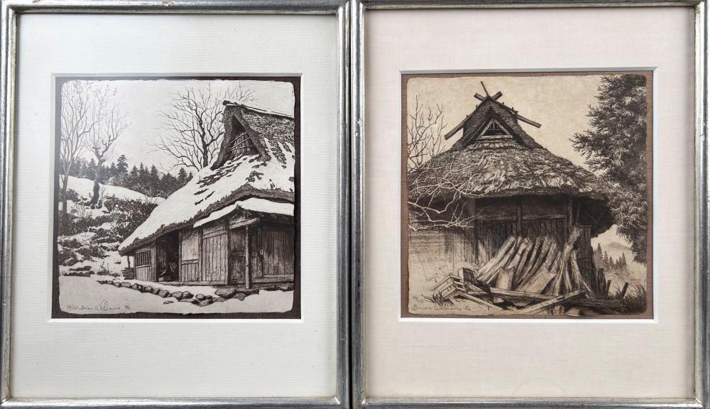 Brian Williams comparable auction result: brian williams japan america 1950 two architectural views etchings 6 75 x 6 75 framed 12 x 10