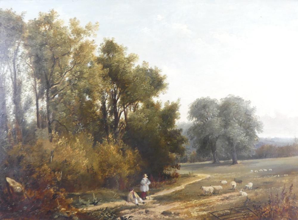 Samuel David Colkett comparable auction result: samuel david colkett 1806 1863 extensive landscape with sheep grazing and figures in conversation oil on panel 44 x 60cm