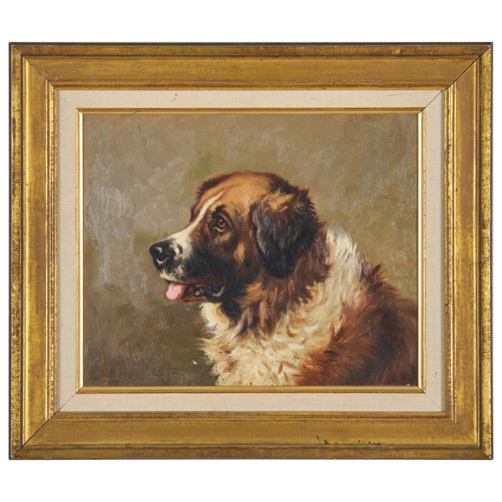Painting of a Saint Bernard dog in profile with a pink tongue, shown inside a gold frame.