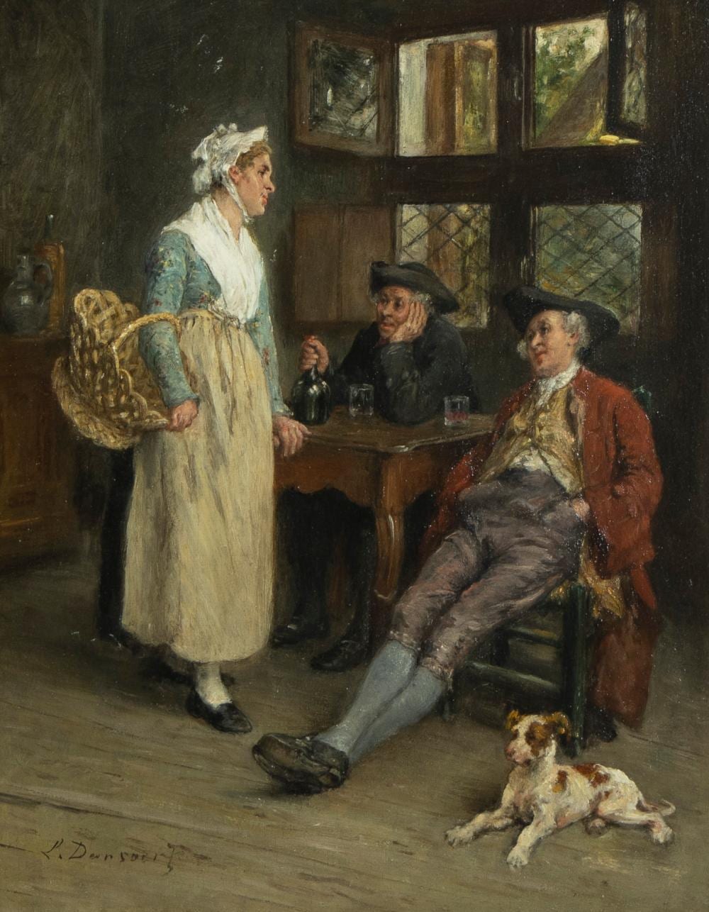 Léon Marie Constant Dansaert comparable auction result: l on dansaert 1830 1909 oil on panel signed genre scene inn scene with a saleswoman and two men
